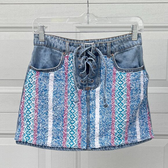 Reworked Lace Up Light Wash Denim Skirt With Baja Stripe Patchwork  - Size Small - Picture 1 of 2